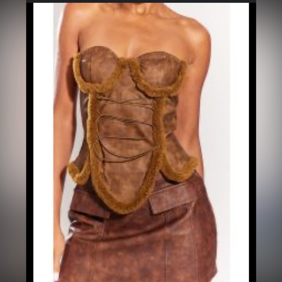 Brown Washed Faux Leather Lace Up Front Fur Under Wire corset y2k fall casual - Picture 2 of 5